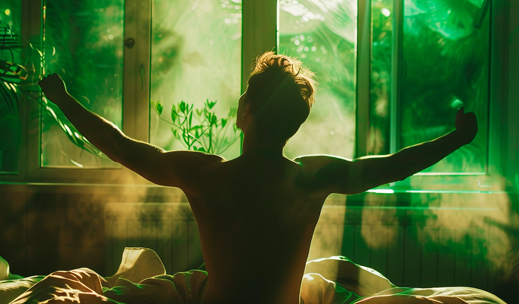 Человек потягивается в кровати – просыпается, на фоне окно с утренним солнцем
