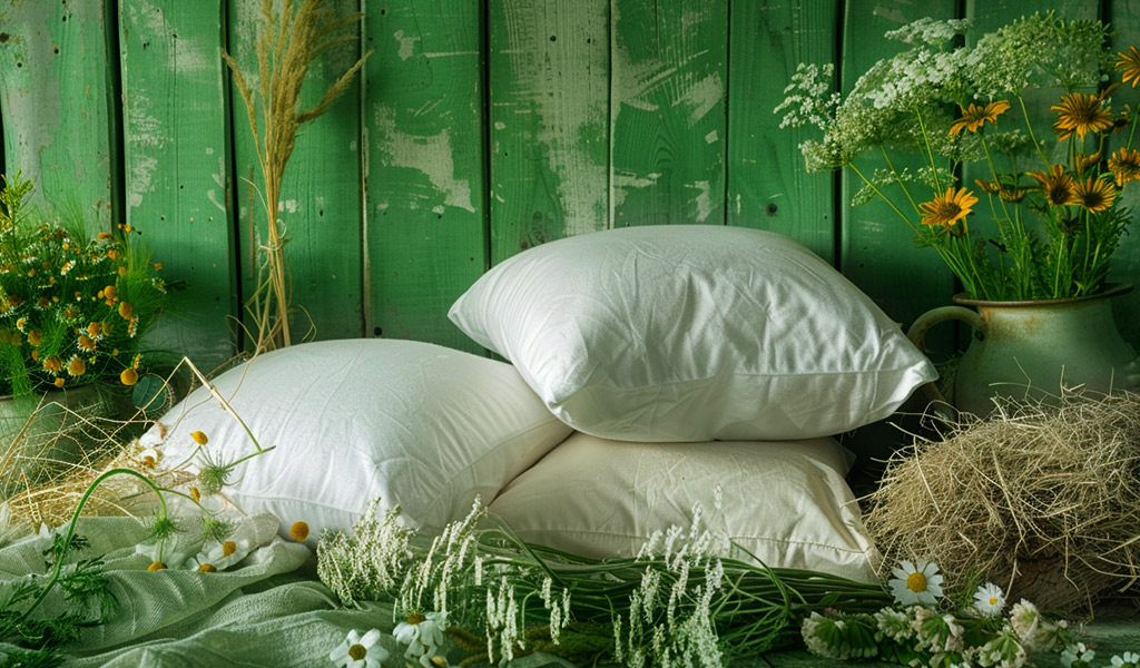 Подушка лежит среди трав и цветов