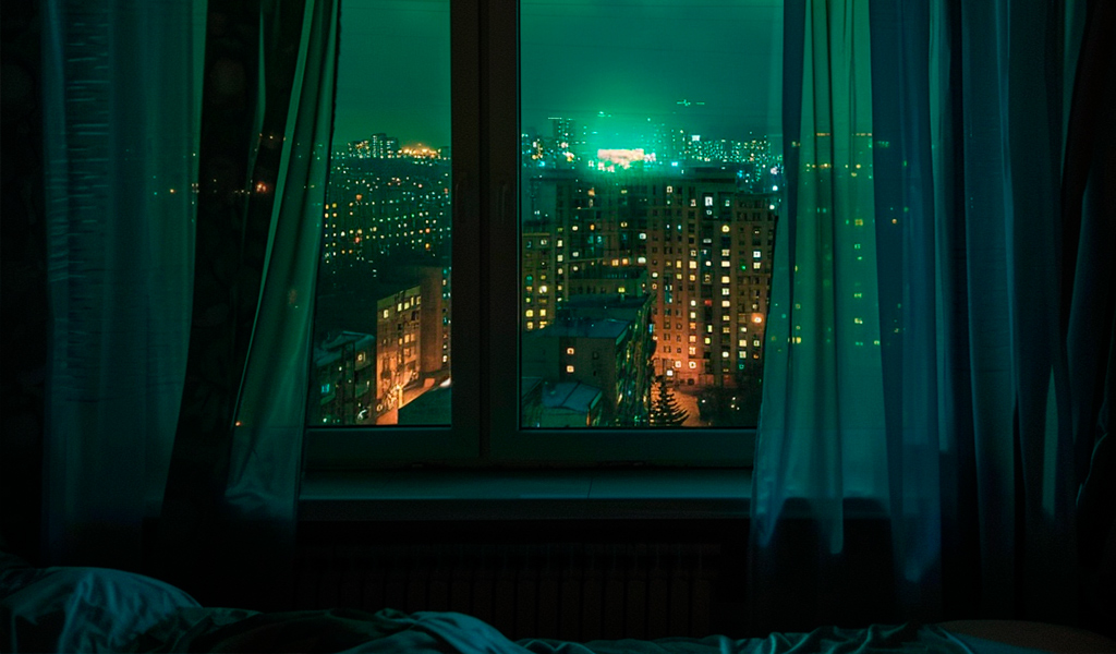 Свет города в окне ночью
