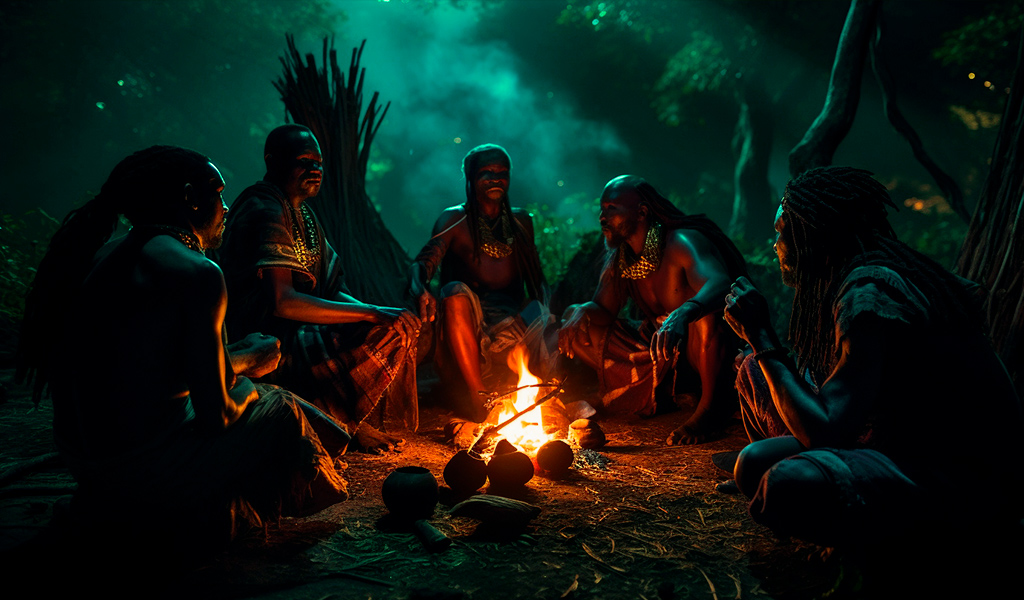 Африканское племя ночью. Все спят, кто-то бодрствует или сидит у костра.