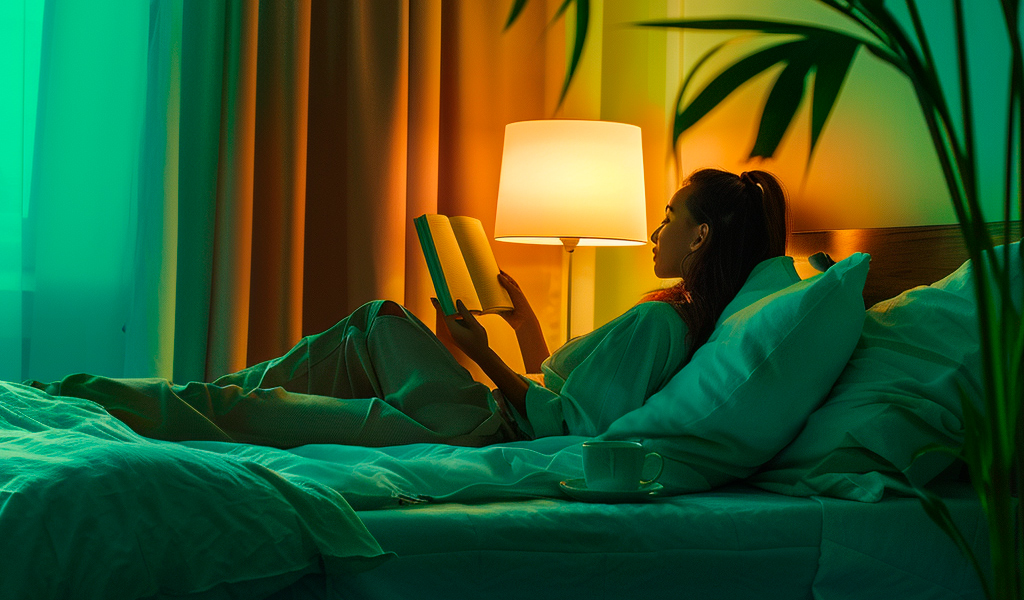 Девушка перед сном лежит на кровати с книгой
