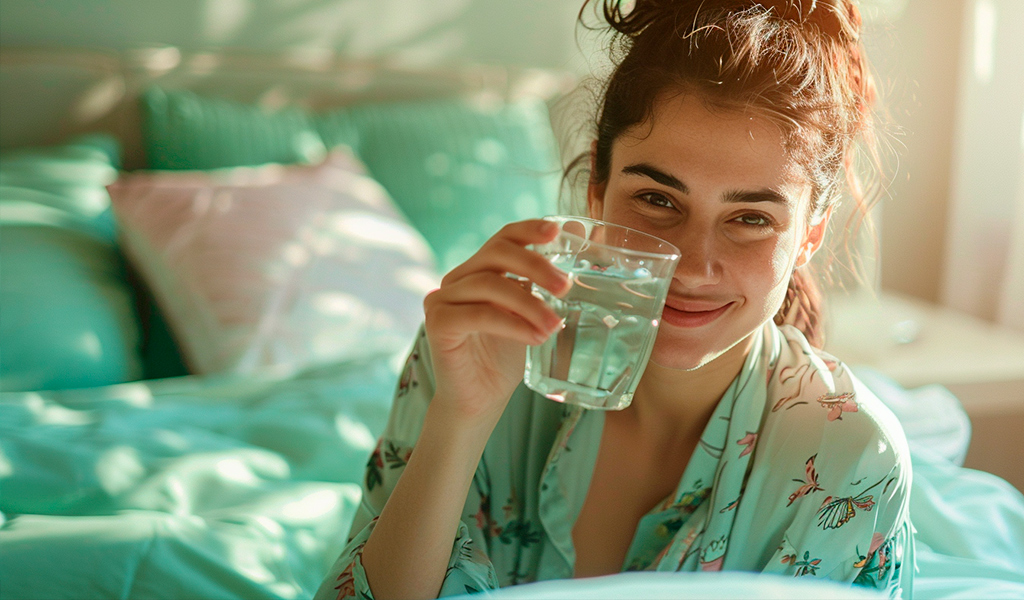 Девушка в пижаме пьет воду из стакана